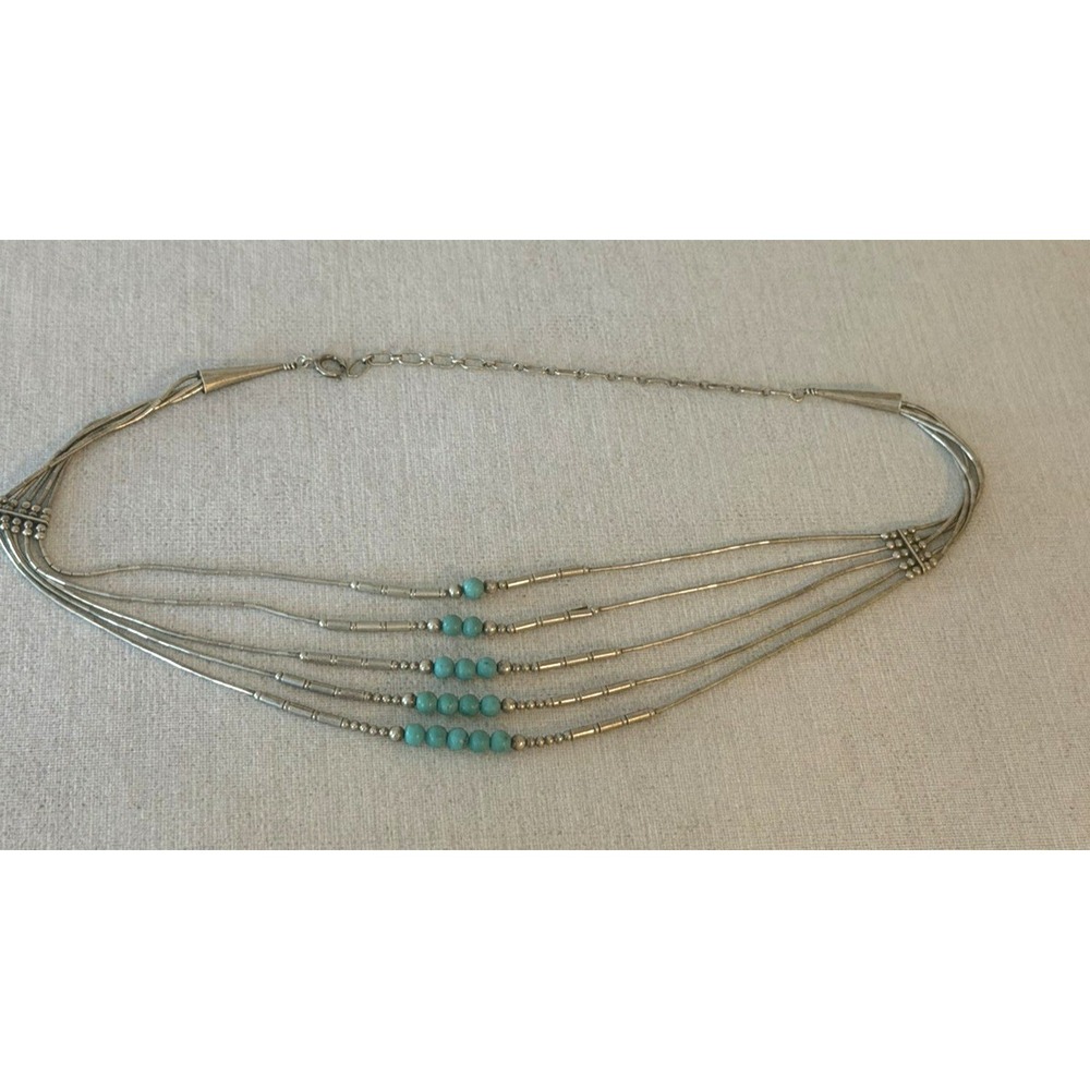 Vintage 5-Strand Liquid STERLING SILVER and Turquoise Beaded 18" Necklace - Picture 7 of 16